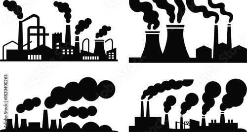 Set of four black industrial factory silhouettes emitting smoke against a white background pollution