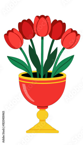 Red tulips in a yellow and red vase