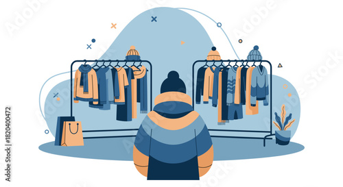 A person in winter attire shops for clothes, browsing a rack of jackets, sweaters, and hats in a cozy, inviting boutique setting.
