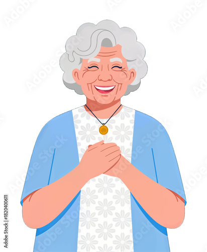 Smiling elderly woman in traditional clothing gesturing warmly
