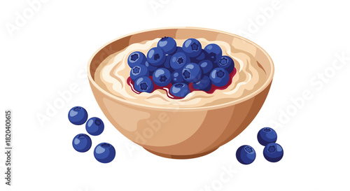 A warm bowl of creamy oatmeal topped with fresh, ripe blueberries and a hint of berry compote, scattered with loose berries on a clean white background.