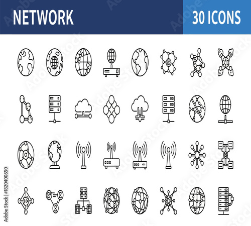 Illustration of collection of 30 network icons covering internet, cloud, server, global communication, data transfer, and wireless technology, isolated on white background