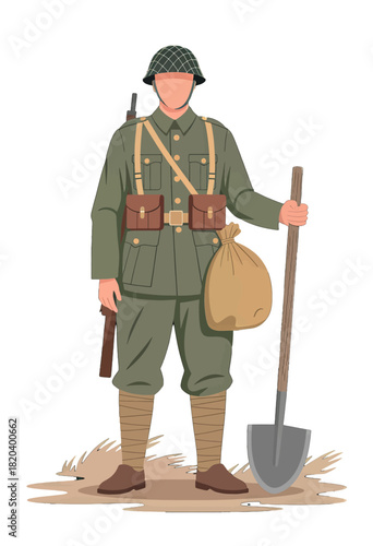Soldier in green uniform holding a shovel and bag