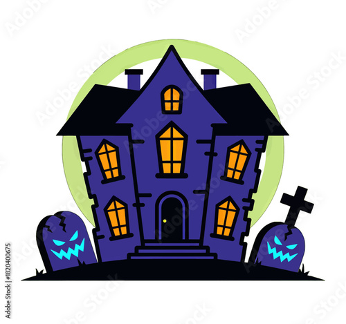 Spooky haunted house with glowing windows and pumpkins
