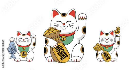 Three traditional Japanese Maneki-neko cats, famous symbols of good luck and prosperity, each holding items representing wealth and fortune.