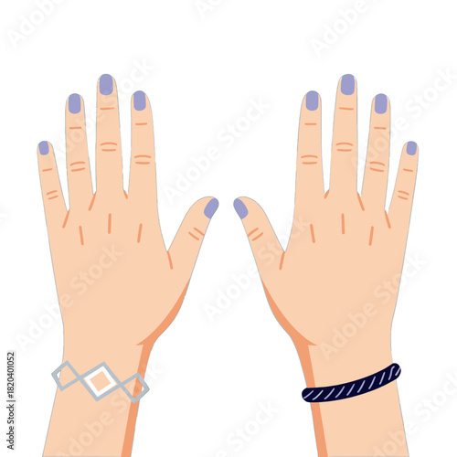 Two hands with blue nails and stylish wristbands