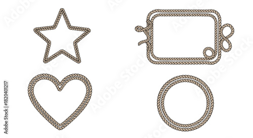 Collection of decorative rope shapes including a star, heart, rectangular frame, and circle, conveying a nautical or rustic aesthetic on white.