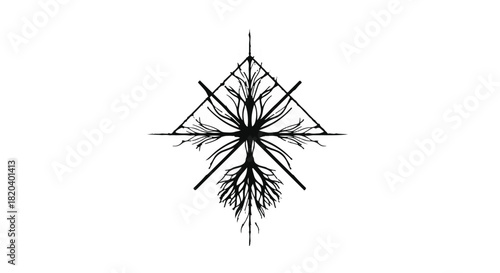 Geometric symbol merging abstract roots and branches, representing growth and connection.