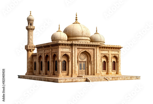 Grand Mosque Building with Domes and Minaret on Transparent Background