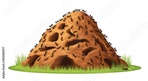 A bustling ant colony with numerous black ants actively crawling over and entering a brown anthill structure, surrounded by green grass.