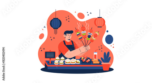 An illustration depicts a street food vendor proudly presenting a colorful array of grilled skewers at his vibrant outdoor stall.