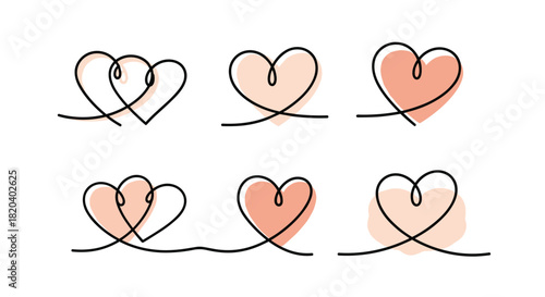 A collection of six minimalist continuous line heart designs with soft pink watercolor accents, symbolizing love, romance, and unity.