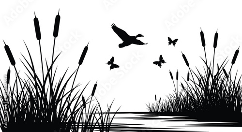 A serene wetland scene with a silhouette of a flying duck and butterflies above lush cattails and grass bordering calm water.