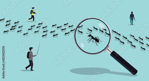 People observing ants moving in lines, with a magnifying glass focusing on one ant, representing attention to detail and individual study.