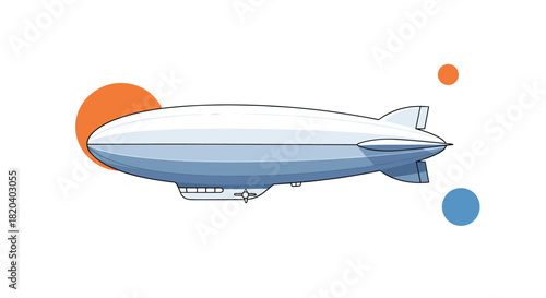A modern illustration of a sleek white blimp or airship floating against a clean white background with abstract orange and blue circles.