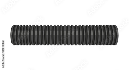 Close-up of a dark grey corrugated plastic conduit, a flexible electrical pipe for cable protection, isolated on a clean white background.