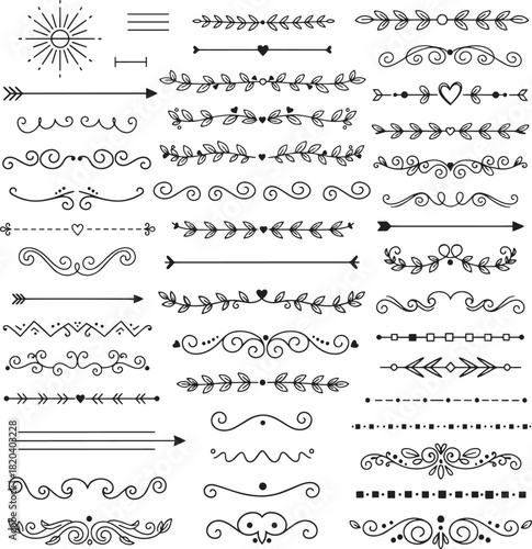 Hand Drawn Swirls Divider Borders Set Floral Calligraphic Elements Doodle Decoration Collection