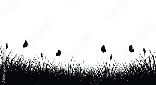 Butterflies flying over a grassy field, depicted as a black silhouette against a stark white background, creating a minimalist and striking image.