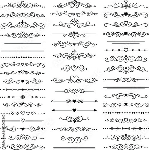 Heart Swirls Dividers Borders Set Doodle Decoration Calligraphic Elements Collection Design