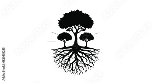 Symbolic illustration of a large tree with strong roots and two smaller trees, representing growth and connection.