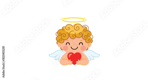 A cheerful and adorable baby angel with golden curly hair, light blue wings, and a halo, happily holding a vibrant red heart.