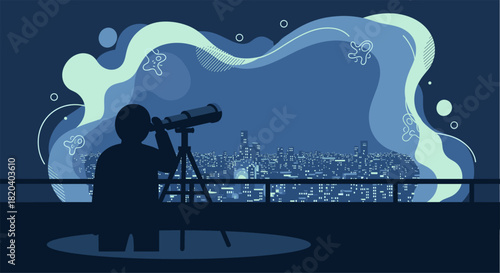 A person observes a cityscape through a telescope at night, with a stylized representation of the cosmos and stars in the background, creating a sense of wonder.