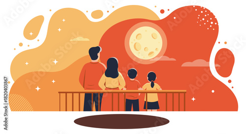A family gazes at a full moon in a vibrant, stylized illustration, celebrating togetherness and the beauty of the night sky with love.