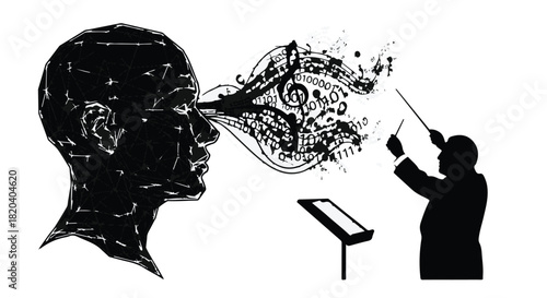 Conductor unleashing a symphony of creativity from a person's mind, symbolizing inspiration and imagination.