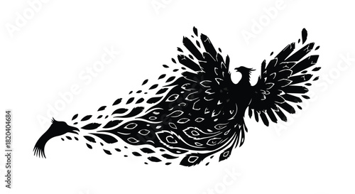 Majestic mythical phoenix bird in flight, emerging from swirling dark feathers