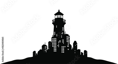 Mysterious silhouette of a lighthouse rising above a dark city skyline at night