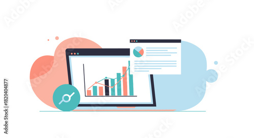 Modern flat illustration of a laptop displaying a business analytics dashboard with bar and pie charts for data visualization.