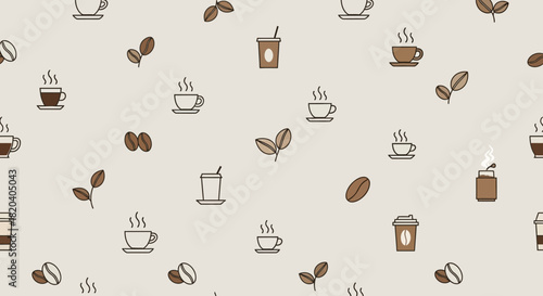 A seamless pattern featuring various coffee cups, beans, and leaves on a light background, perfect for a cafe or beverage theme.