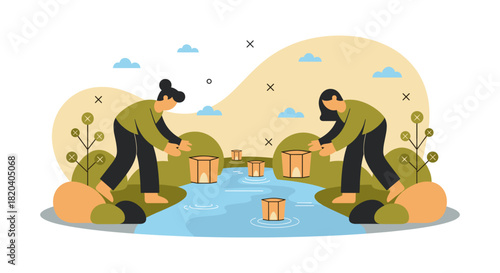 Two individuals release paper lanterns into a flowing river, celebrating a cultural tradition with a serene and peaceful atmosphere.