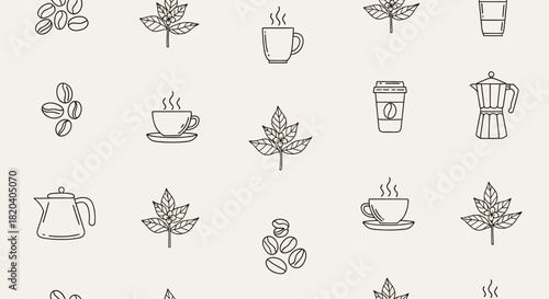 Seamless repeating pattern of coffee-themed icons including beans, leaves, cups, and pots in a minimalist line art style.