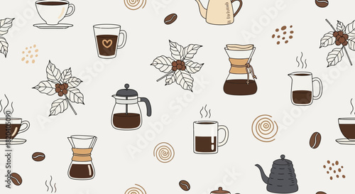 Seamless pattern with coffee elements: cups, pots, beans, and coffee plants on a light background.