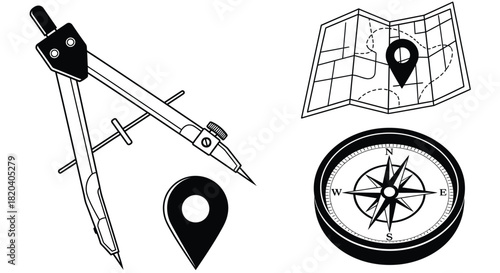 Navigation tools compass map location pin vector illustration