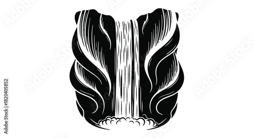 Stylized black and white illustration of a powerful waterfall cascading into mist