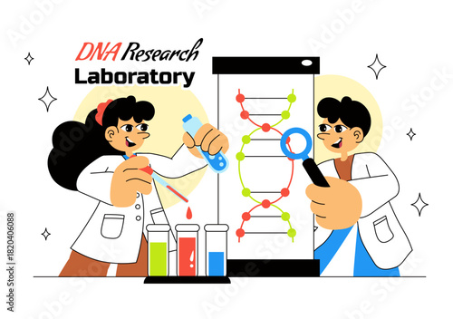 DNA Research Laboratory Illustration Featuring Blood Test and Nanotech Lab With Scientific and Medical Elements In a Future Technology Background