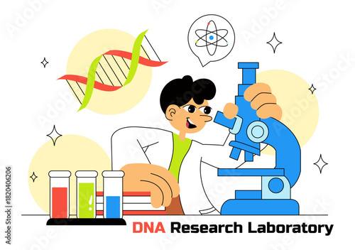 DNA Research Laboratory Illustration Featuring Blood Test and Nanotech Lab With Scientific and Medical Elements In a Future Technology Background