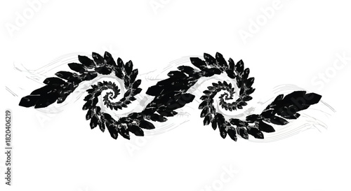 Abstract black fractal spiral pattern with delicate wave elements, representing growth and complexity.