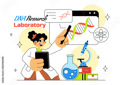 DNA Research Laboratory Illustration Featuring Blood Test and Nanotech Lab With Scientific and Medical Elements In a Future Technology Background