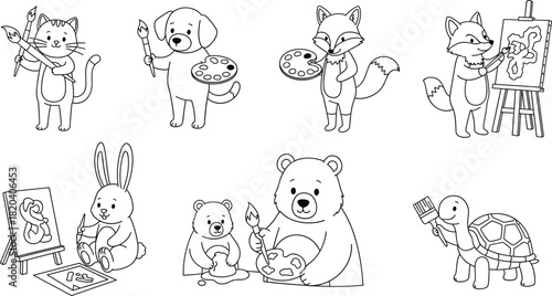 Line Art Cartoon Animal Artists Vector Set: Cat, Dog, Fox, Rabbit, Bear, and Turtle Painting on Easels with Brushes and Palettes, for Coloring Books and Creativity