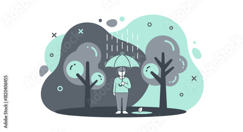 An illustration depicts a person standing under an umbrella in the rain, surrounded by stylized trees and abstract shapes, portraying a weather scene.