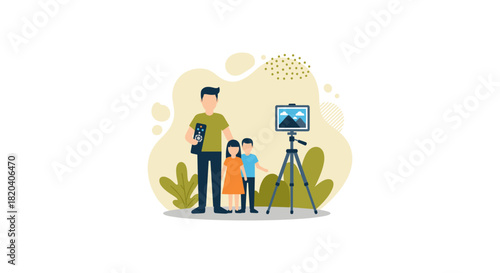 A father and his two children pose for a photo with a camera on a tripod, capturing a family moment.
