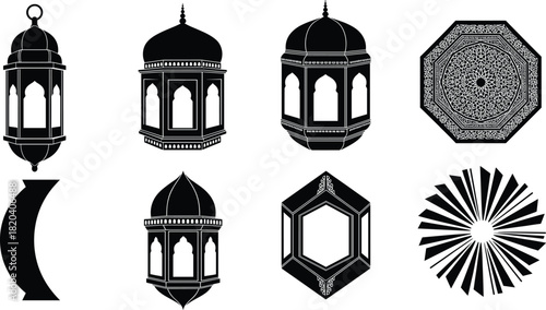 Black Silhouette Vector Set of Traditional Arabic Lanterns, Islamic Geometric Patterns, and Abstract Shapes, Ideal for Ramadan, Eid, and Middle Eastern Culture Graphics