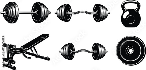 Black and White Gym Equipment Vector Set: Barbell, Kettlebell, EZ Curl Bar, Weight Plate, and Adjustable Bench, Ideal for Fitness, Strength Training, and Workout Graphics