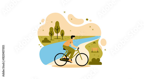 An illustrated scene depicts a person cycling along a winding path beside a river, enjoying the natural environment and outdoor recreation.