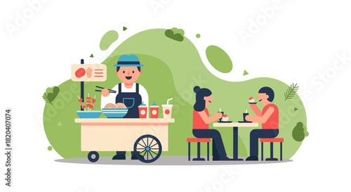 An illustration depicts a street food vendor serving customers at an outdoor table, enjoying snacks and drinks on a sunny day.