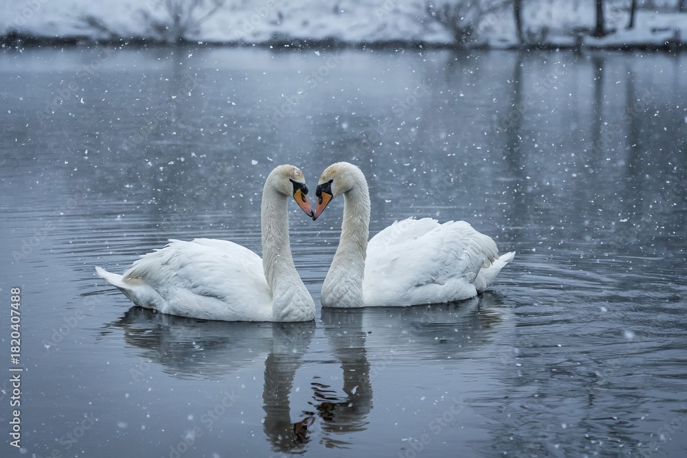 Fototapeta premium A pair of white swans are swimming in the water of a snowy winter lake.