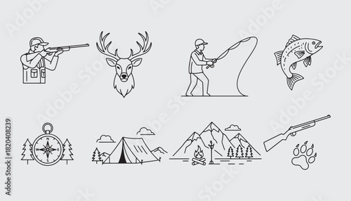 Hunting and Fishing Line Icon Set – Outdoor Adventure, Wildlife, Camping, Editable Stroke Vector